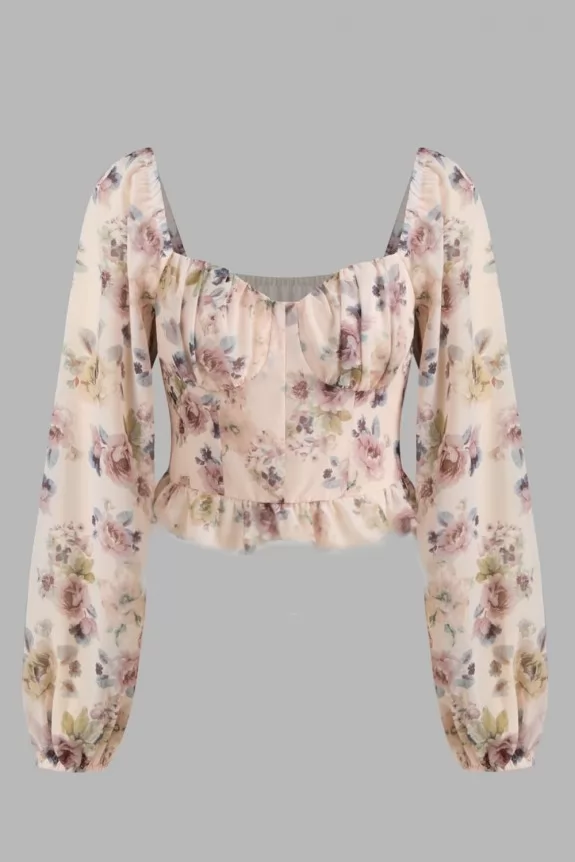 Sweetheart Neck Floral  Long Sleeve Top