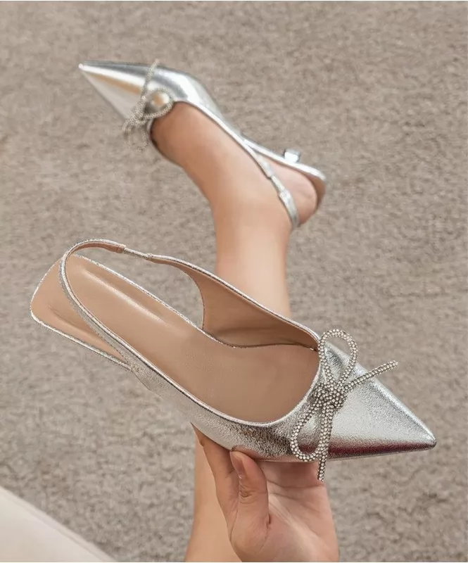 Silver Rhinestone Bow Pointed Toe Heels