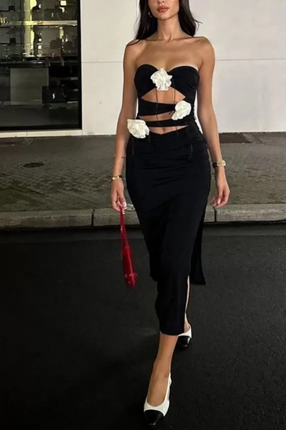 Solid Side Slit Bodycon Dress With 3D Floral