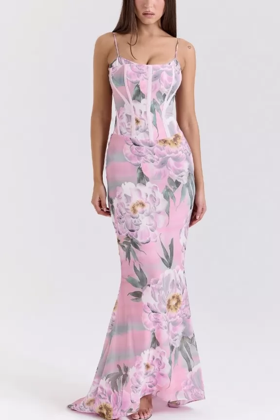 Pink Floral Corset Maxi Dress