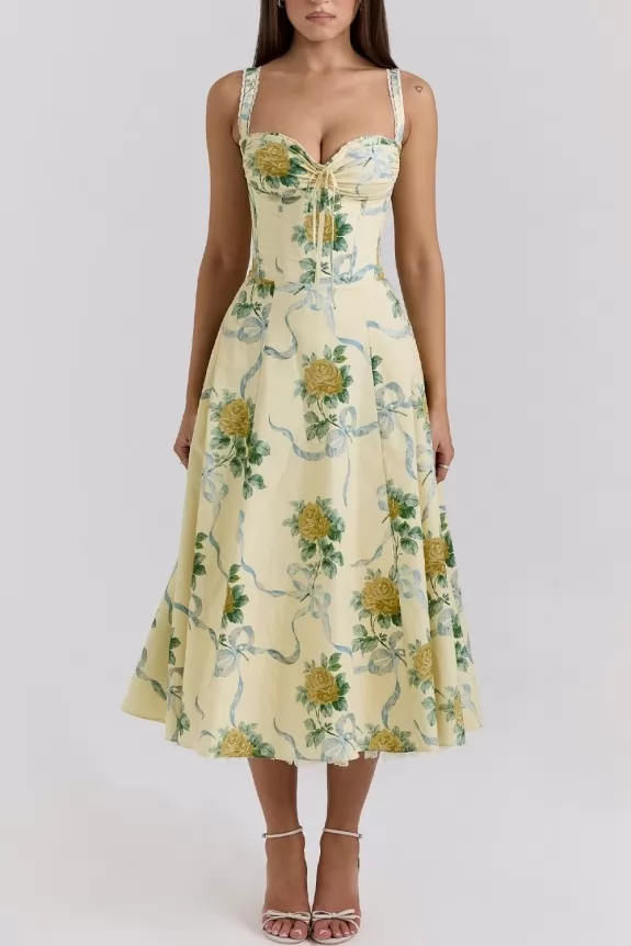 Floral Printed Shoulder Straps Midi Dress