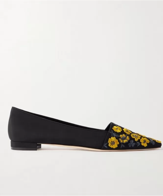 Black Suede Embroidered Balllerinas
