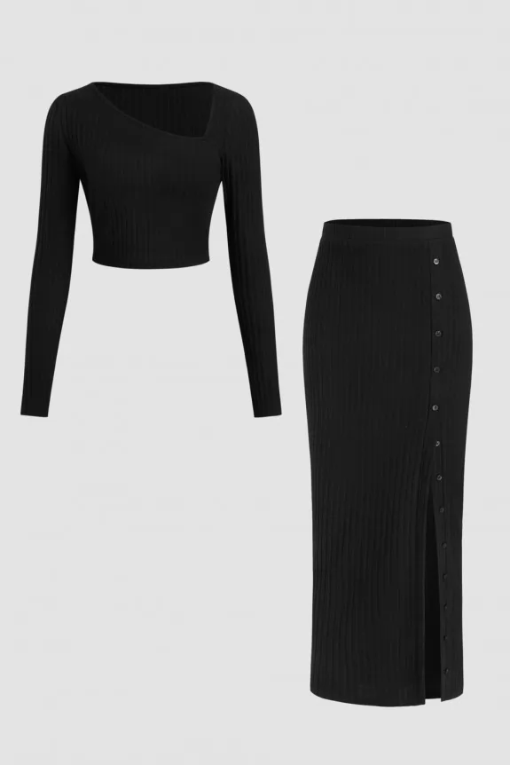 Asymmetrical Neck Crop Top & Mid Rise Split Midi Skirt Set
