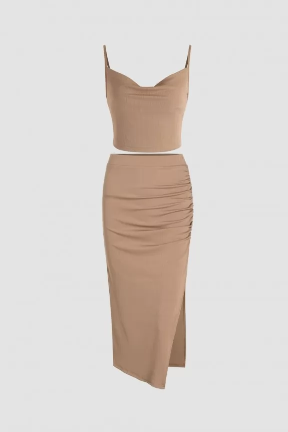 Cowl Neck Crop Top & Split Ruched Maxi Skirt Set
