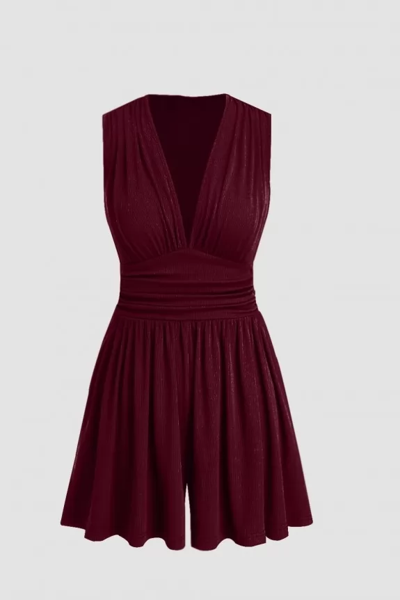 V-neck Solid Ruched Pocket Romper