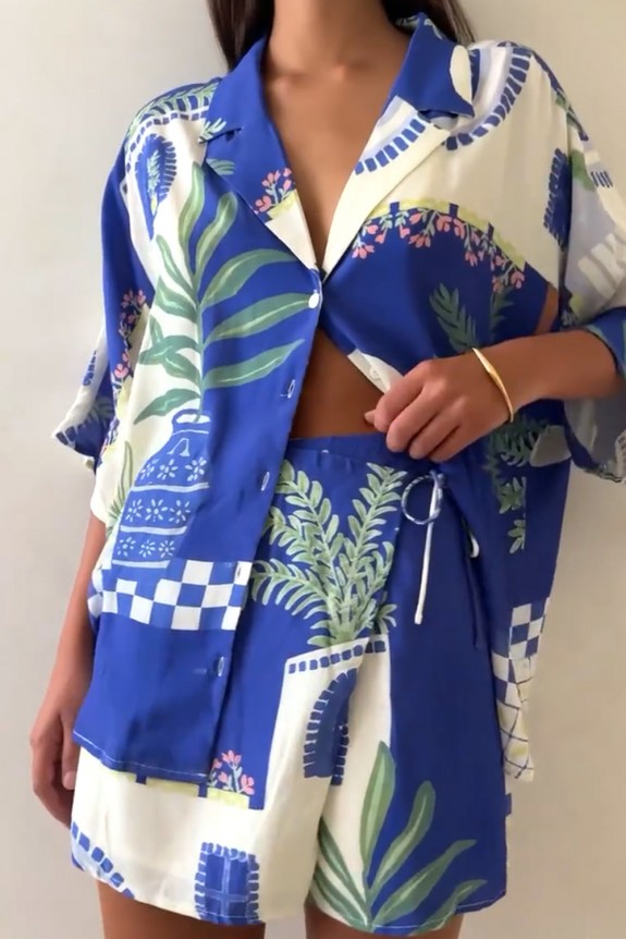 Set Of 2 :- Tropical Print Button-Down Shirt and Shorts