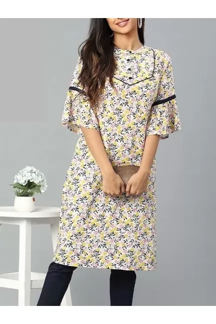 Floral Print Straight Flared  Sleeves Kurti 