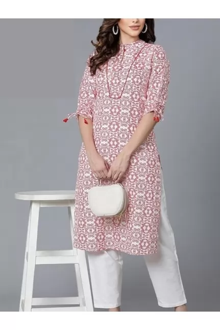 Printed  Tie Up  Sleeves Kurti 