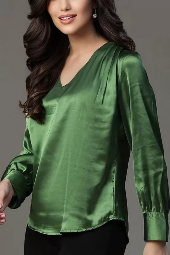 Solid  V-Neck Long Sleeve Top