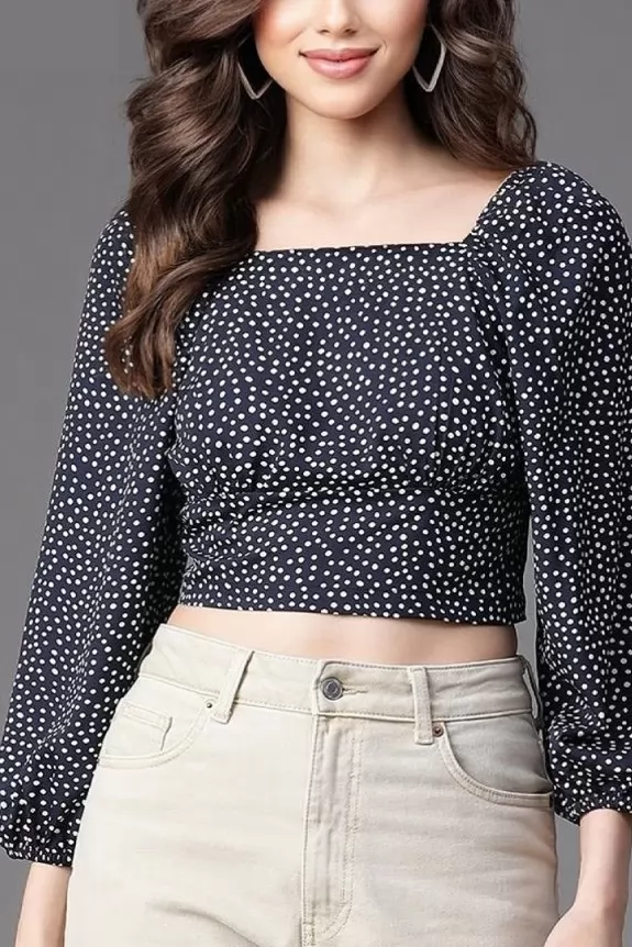 Navy Polka Dot Puff Sleeves Top