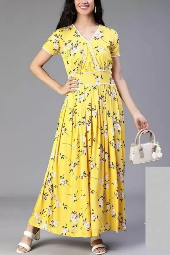 Yellow Floral Pleated Maxi Dress