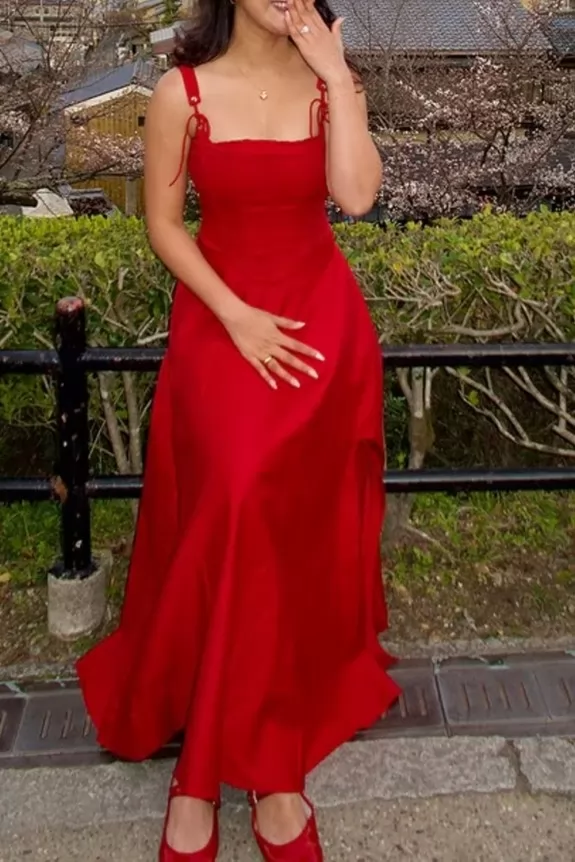 Red Ruched Bodice Maxi Dress with Tie Straps