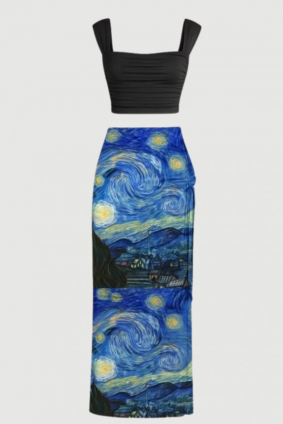 Set of 2 : - Solid Black Crop Top with The Starry Night Print Maxi Skirt