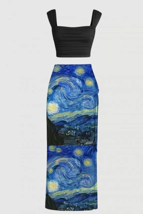 Set of 2 : - Solid Black Crop Top with The Starry Night Print Maxi Skirt