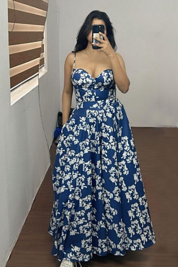 Blue Printed Corset Style Dress